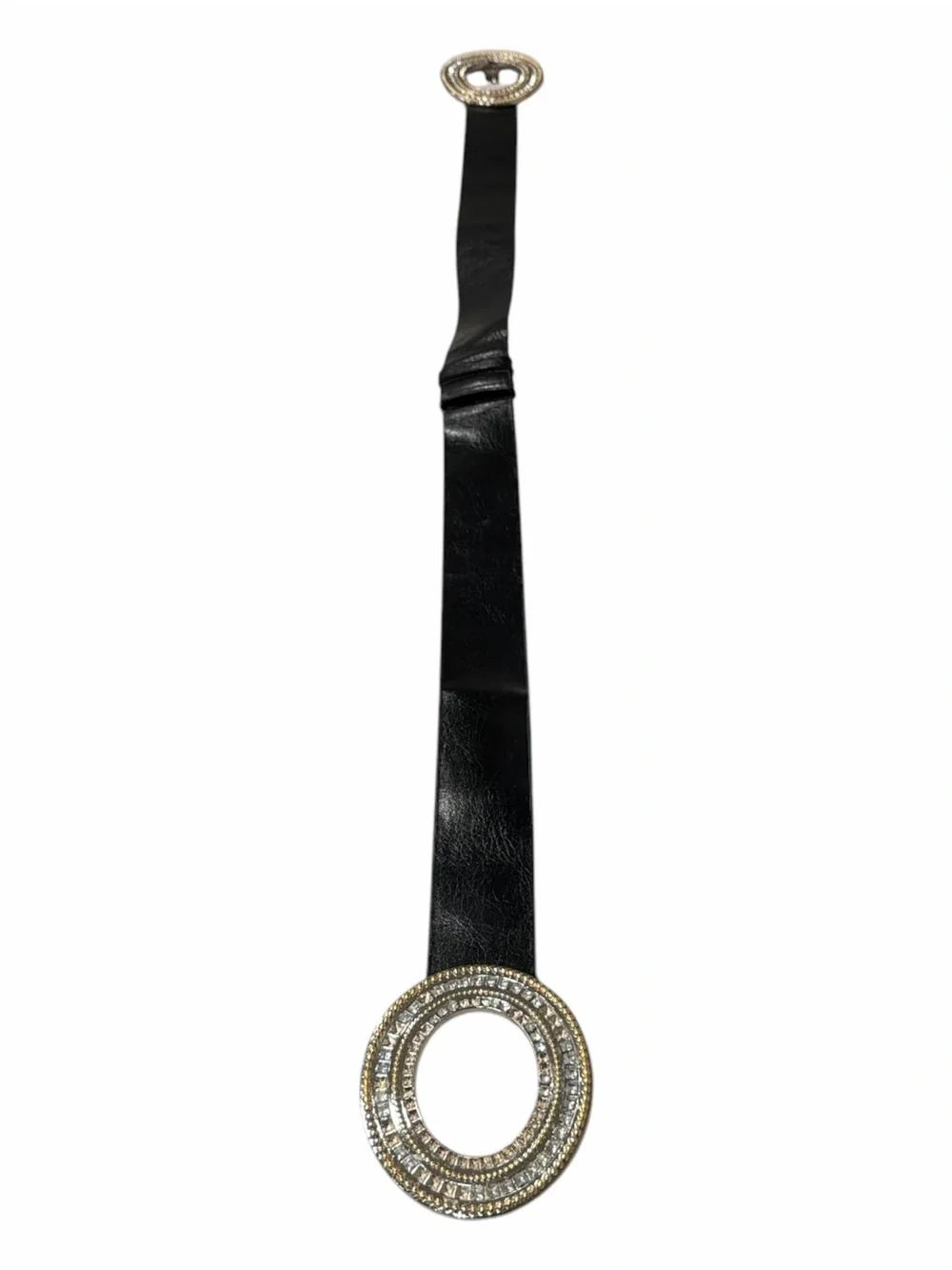 Chico's Black Rhinestone Double Circle Buckle Belt S/M Faux Leather